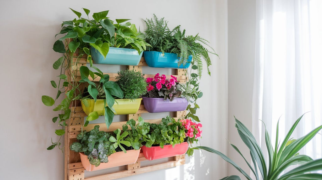 Jardín vertical casero con plantas fáciles de cuidar como pothos, suculentas y helechos, montado en un palet de madera, ideal para decoración interior en espacios pequeños.